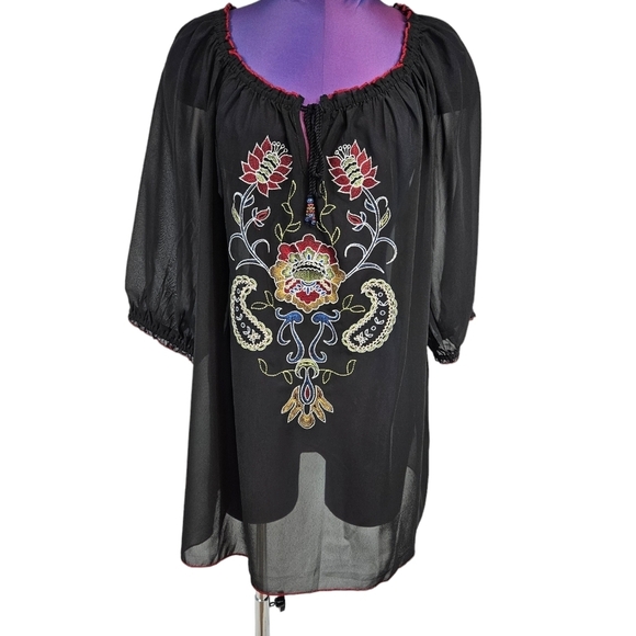 Dress Barn Black Embroidered Semi- Sheer Short Sleeve Peasant Blouse Size 2X H61 - Picture 1 of 10